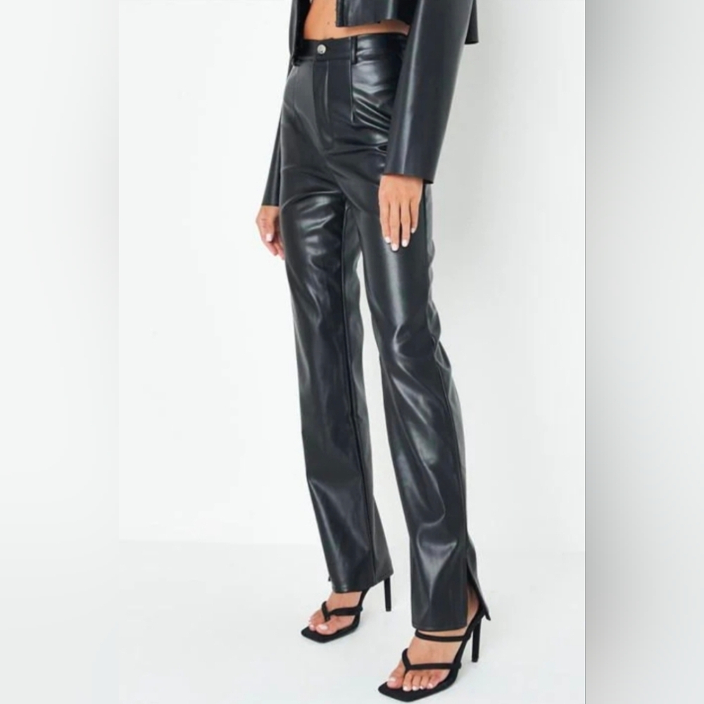 Missguided Faux Leather Split Hem Black Trousers Size 10